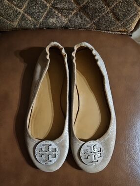 Tory Burch Minnie Travel Ballet Flats Shoes Slip On Shimmer Bronze Suede